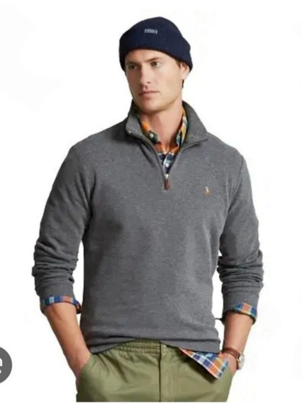 Polo Ralph Lauren Double-Knit Quarter-Zip Pullover Gray With Brown Accents L